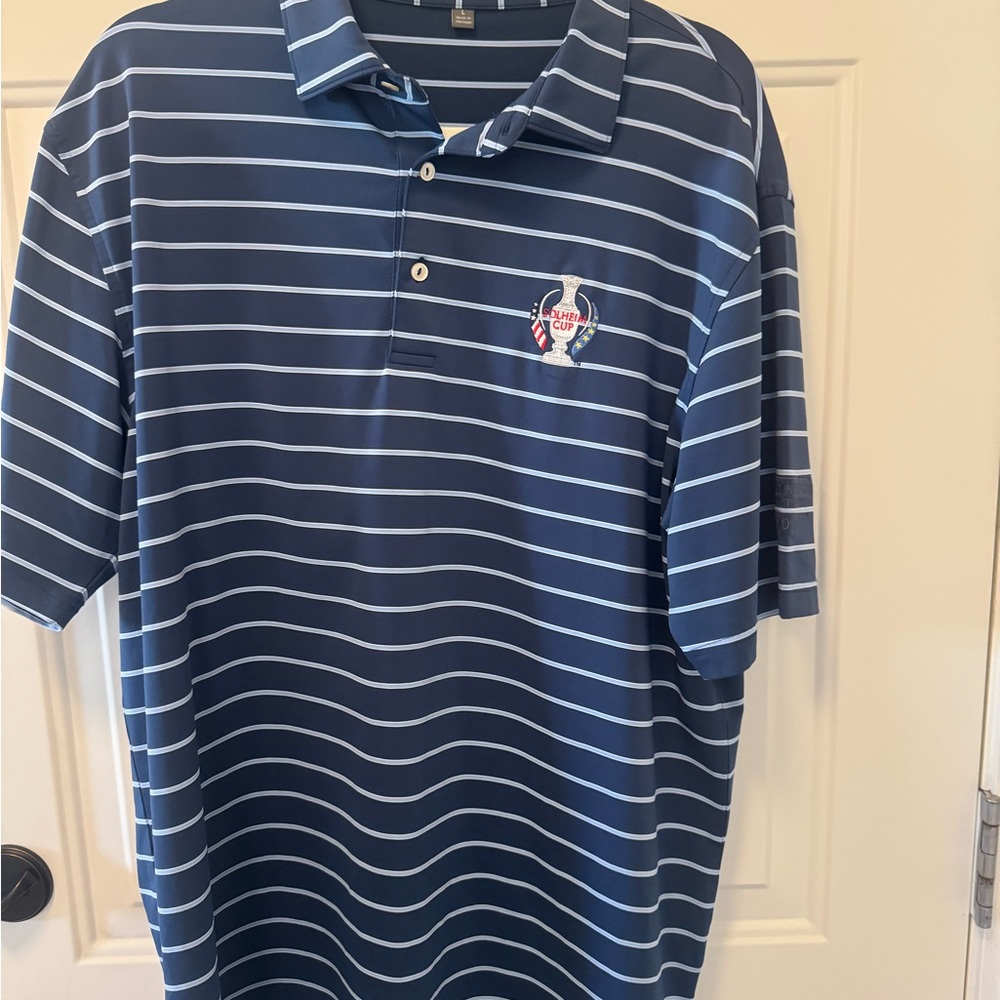 Peter Millar Navy and White Striped Polo branded with Solheim Cup logo
